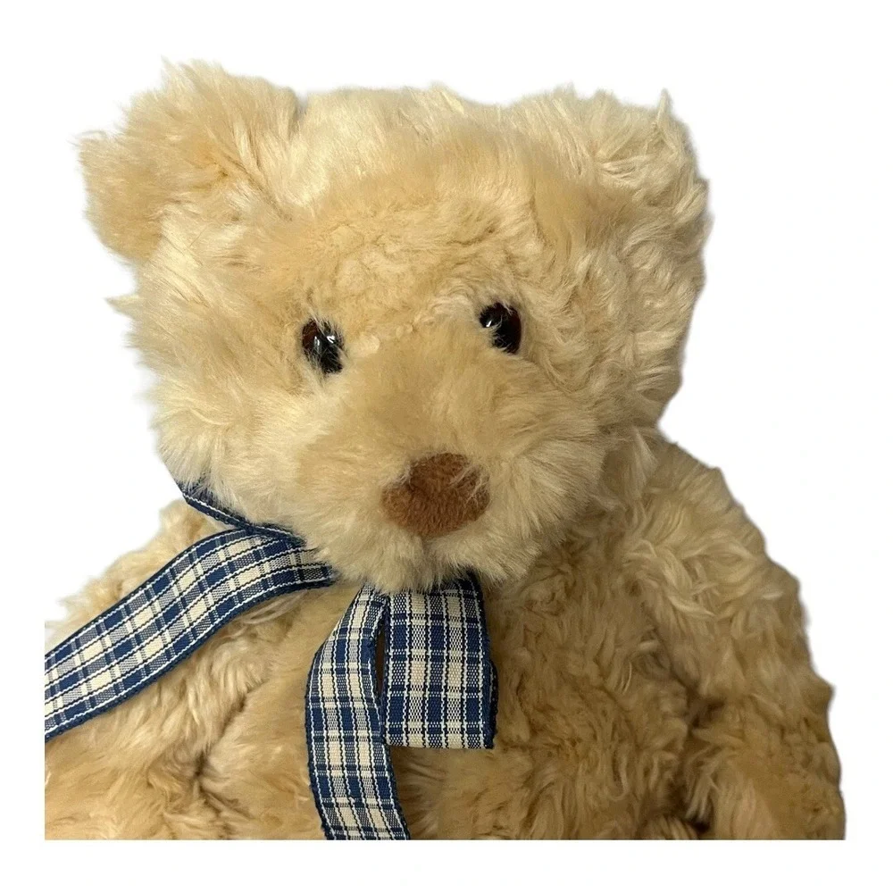 Gund Gordon Teddy Bear‎ Plush Tan Beige 15037 Shaggy Fur Blue Plaid Ribbon 12in